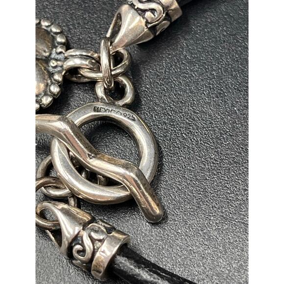 Mexico 925 Sterling Silver Black Leather Toggle Closure Heart Charm Bracelet 8” - Picture 3 of 6
